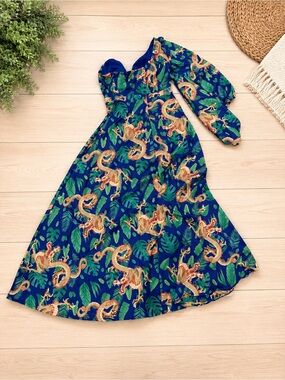 Blue Tropical Dragon Print Maxi Dress - Women